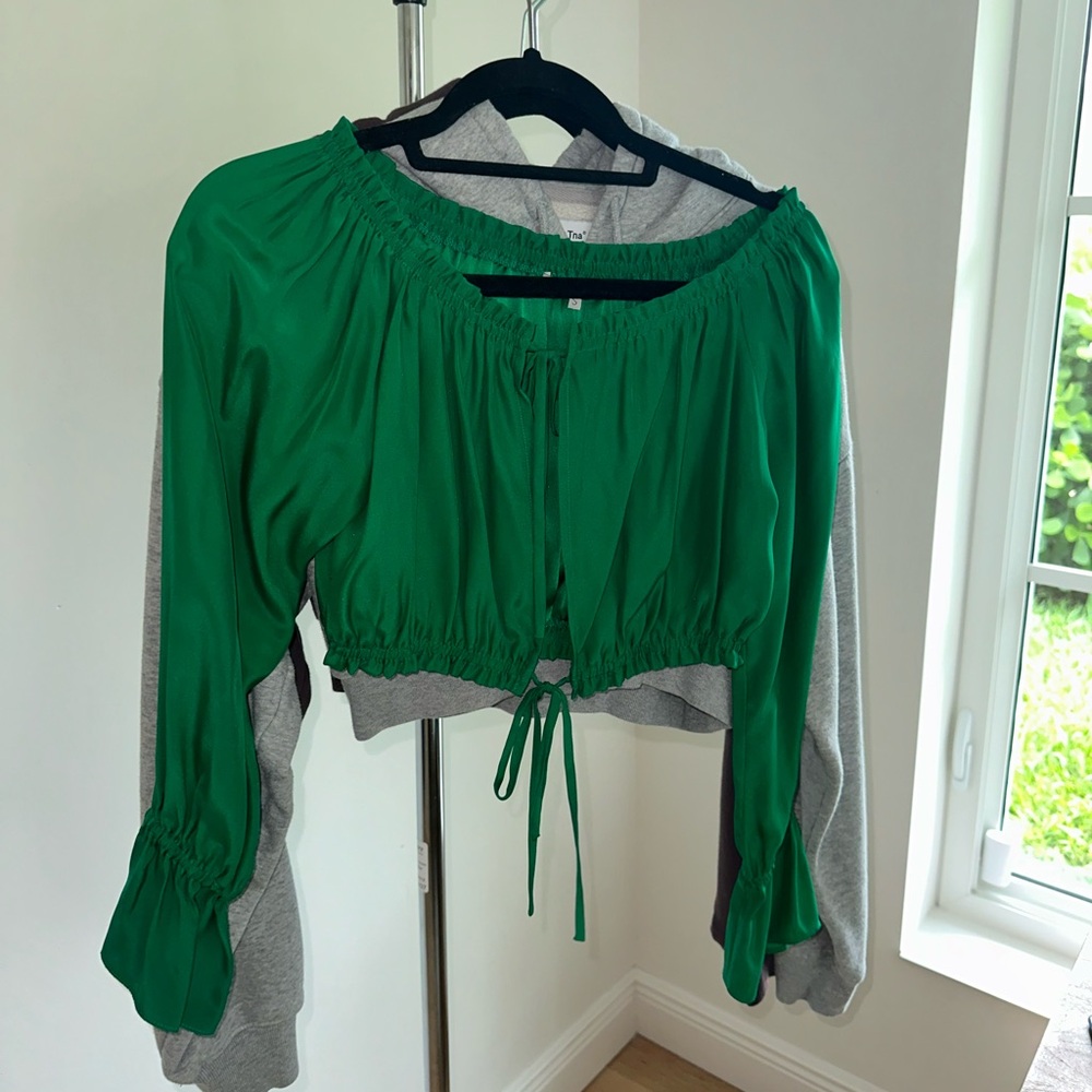 Jennifer Hope green off the shoulder top